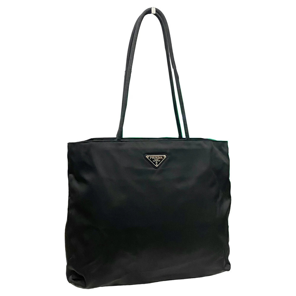 Prada Tote Bag Triangle Logo Plate Black Compartments Zipper Closure